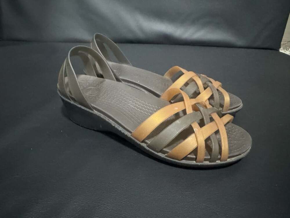 Crocs Huarache Mini Wedge Espresso Bronze Strappy Sandal Size 8W